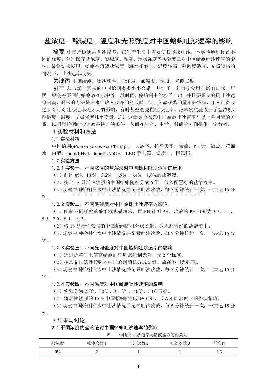 盐浓度、酸碱度、温度和光照强度对蛤蜊吐沙速率的影响201006.doc_第1页