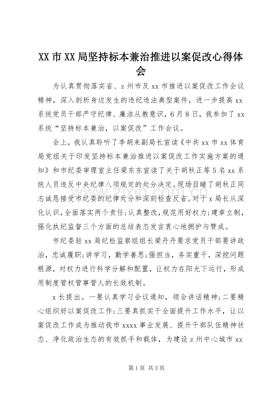 XX市XX局坚持标本兼治推进以案促改心得体会.docx_第1页