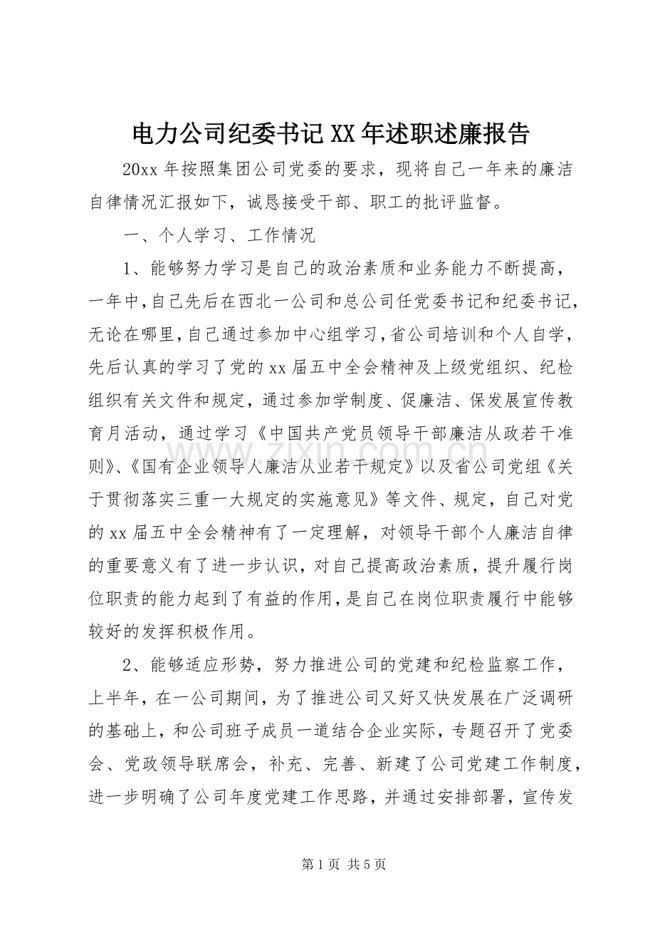 电力公司纪委书记XX年述职述廉报告.docx_第1页