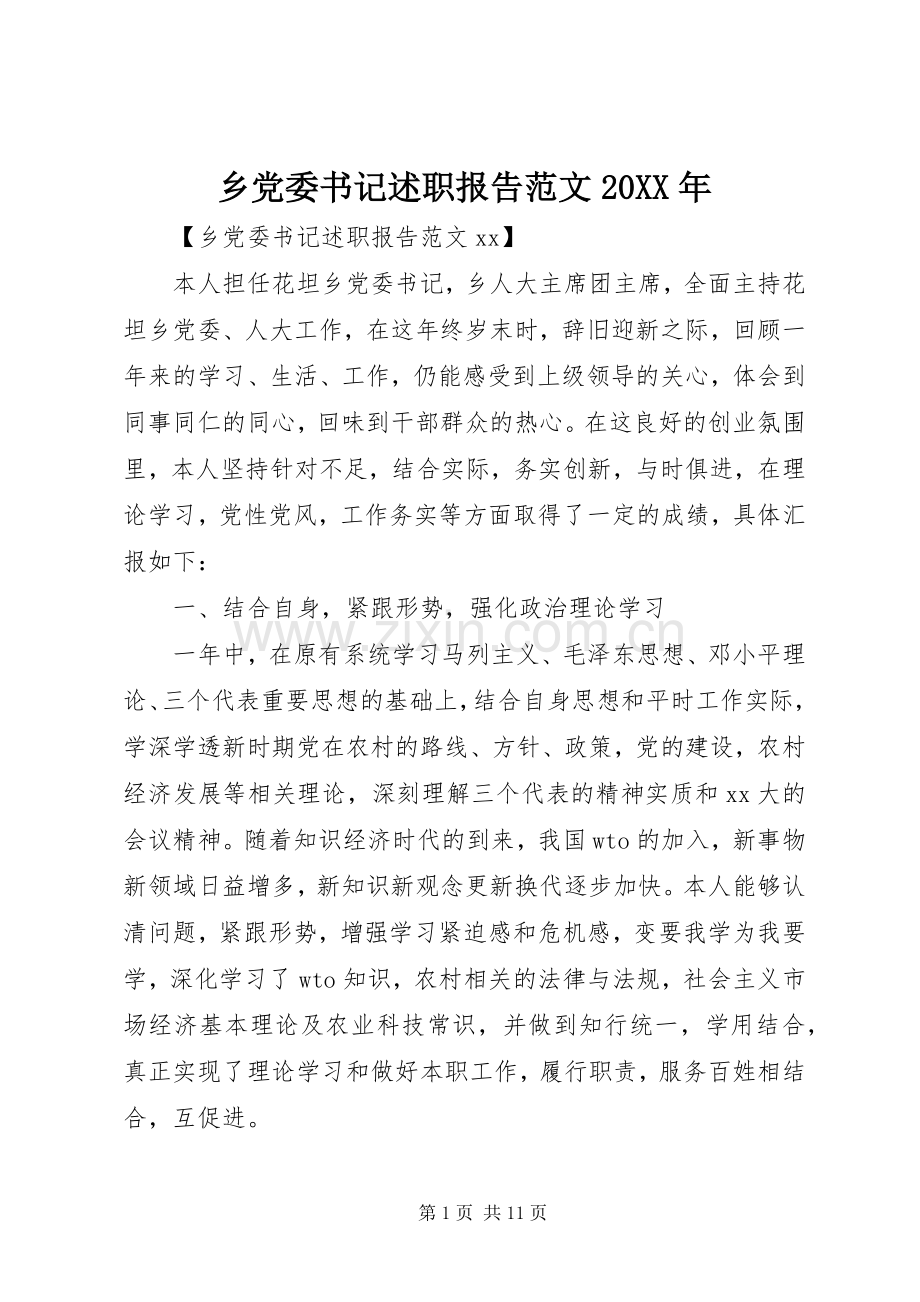 乡党委书记述职报告范文20XX年.docx_第1页