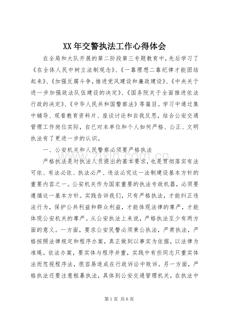 XX年交警执法工作心得体会.docx_第1页