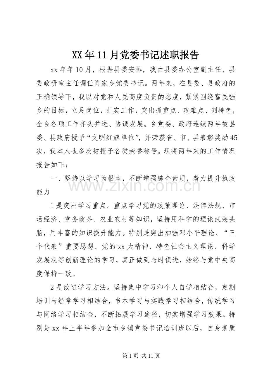 XX年11月党委书记述职报告.docx_第1页