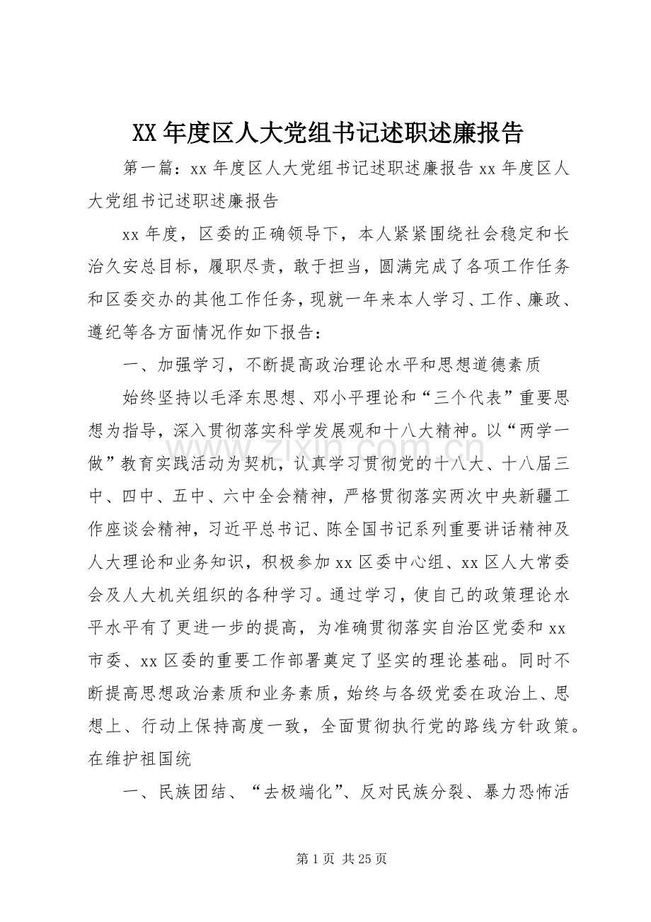 XX年度区人大党组书记述职述廉报告.docx_第1页