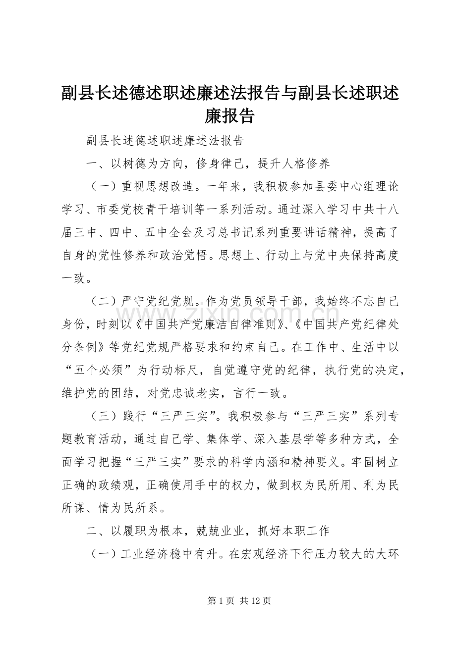 副县长述德述职述廉述法报告与副县长述职述廉报告.docx_第1页