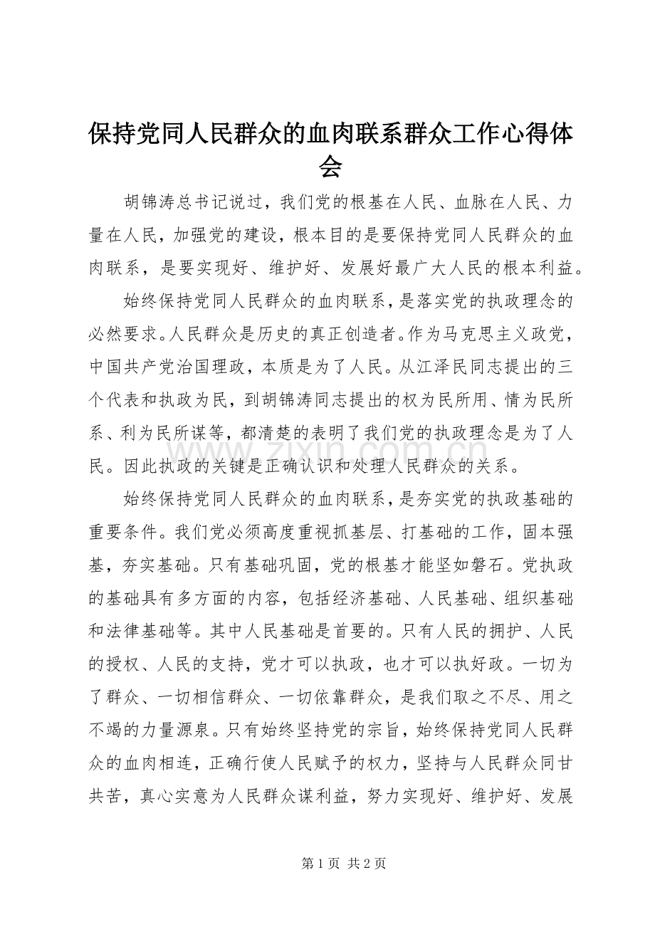 保持党同人民群众的血肉联系群众工作心得体会.docx_第1页