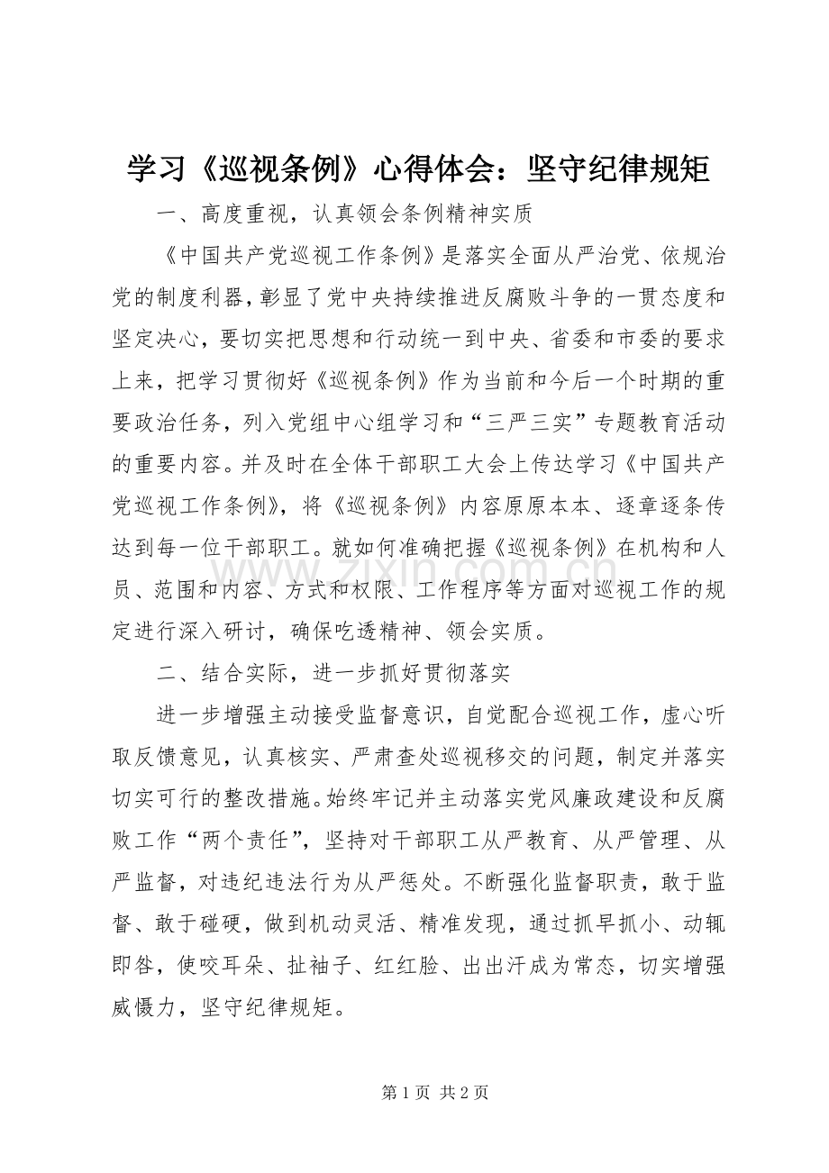 学习《巡视条例》心得体会：坚守纪律规矩.docx_第1页