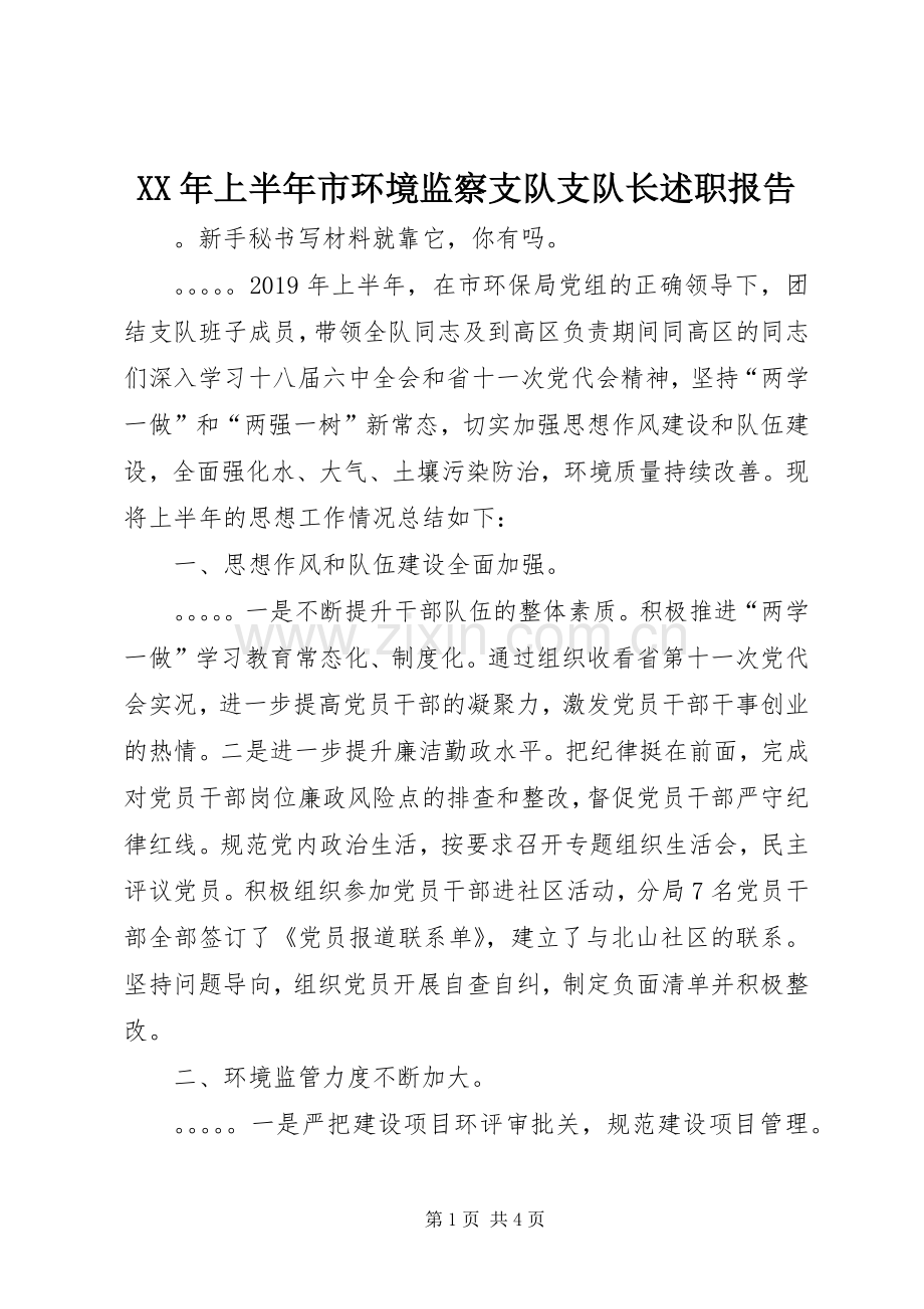 XX年上半年市环境监察支队支队长述职报告.docx_第1页