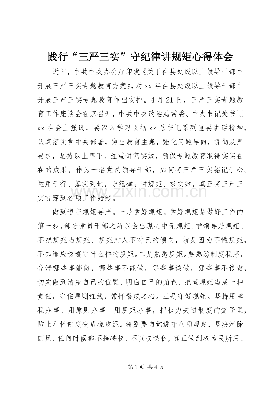 践行“三严三实”守纪律讲规矩心得体会.docx_第1页
