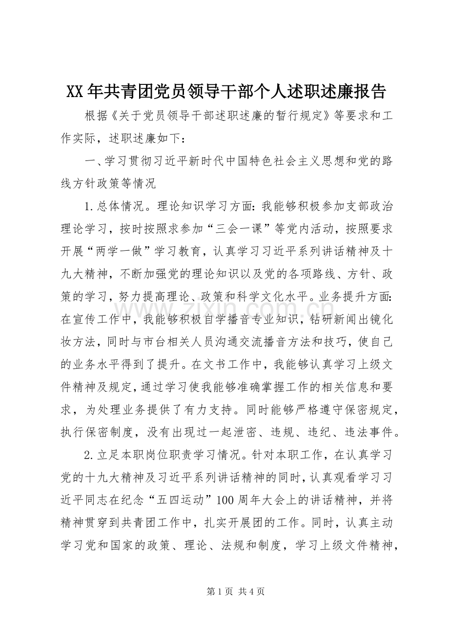 XX年共青团党员领导干部个人述职述廉报告.docx_第1页