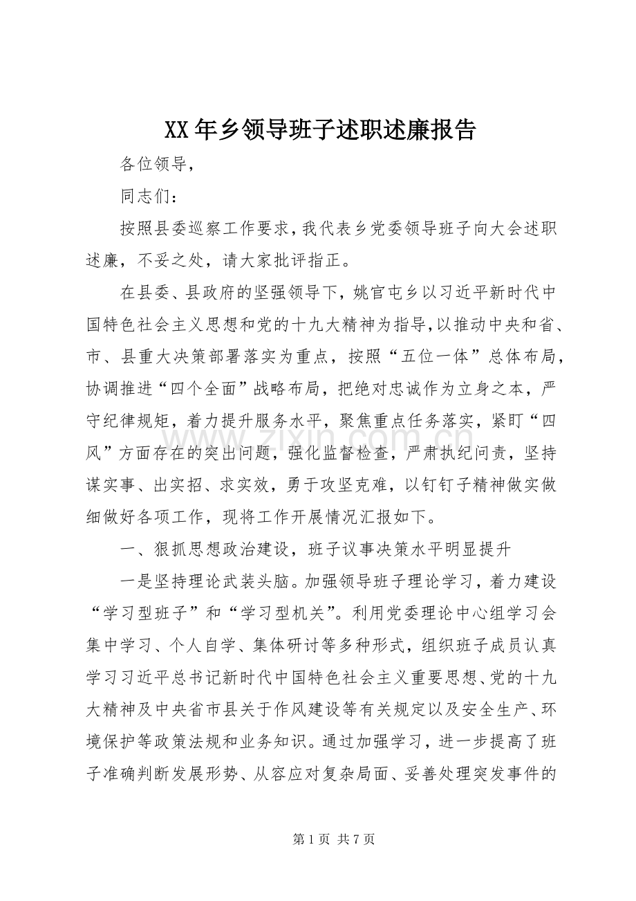 XX年乡领导班子述职述廉报告.docx_第1页