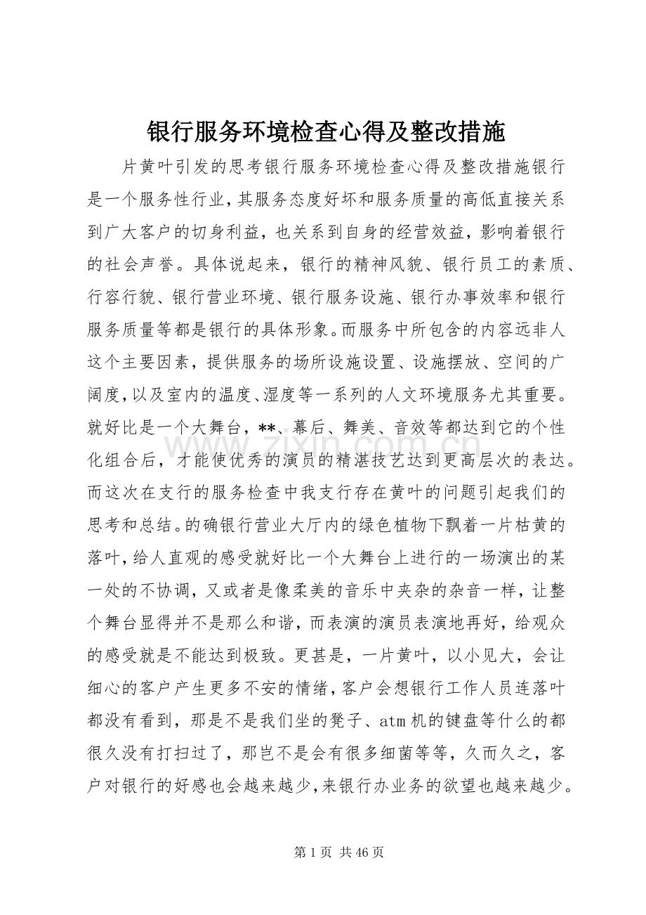银行服务环境检查心得及整改措施.docx_第1页
