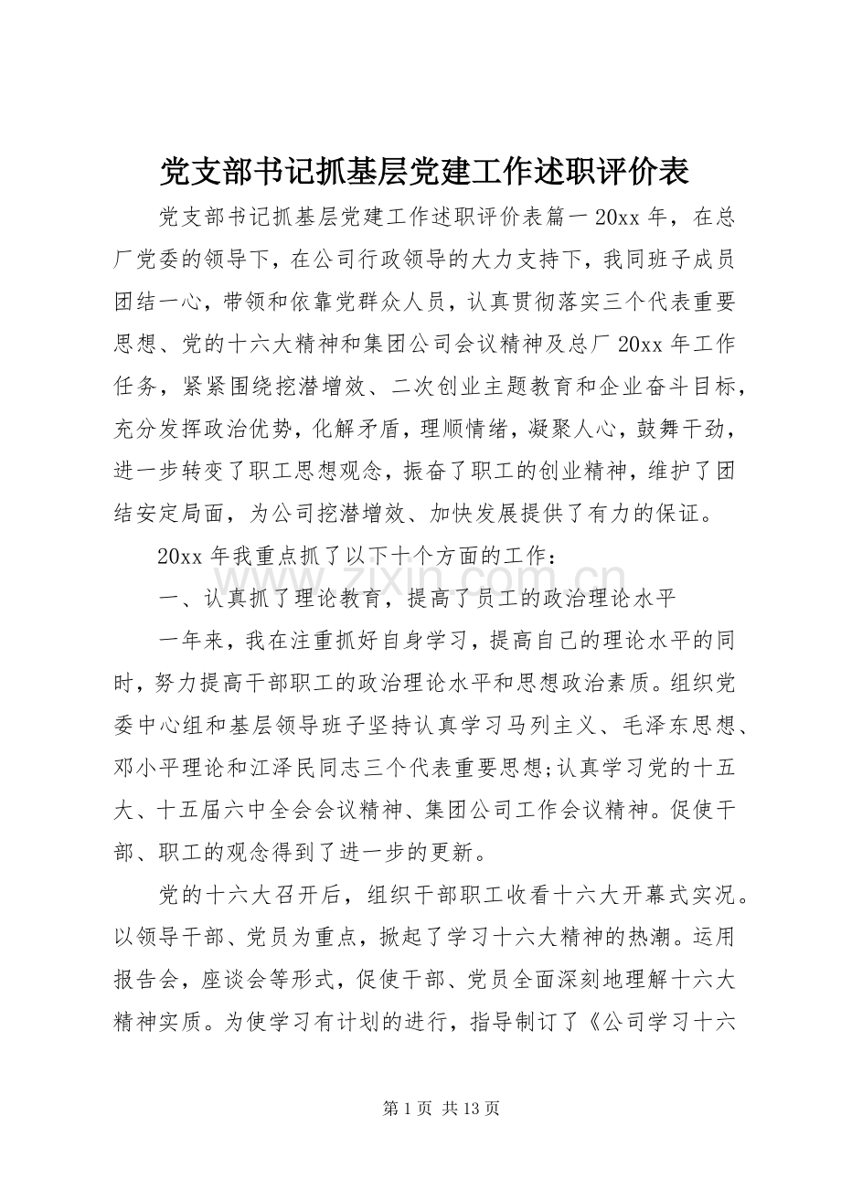 党支部书记抓基层党建工作述职评价表.docx_第1页