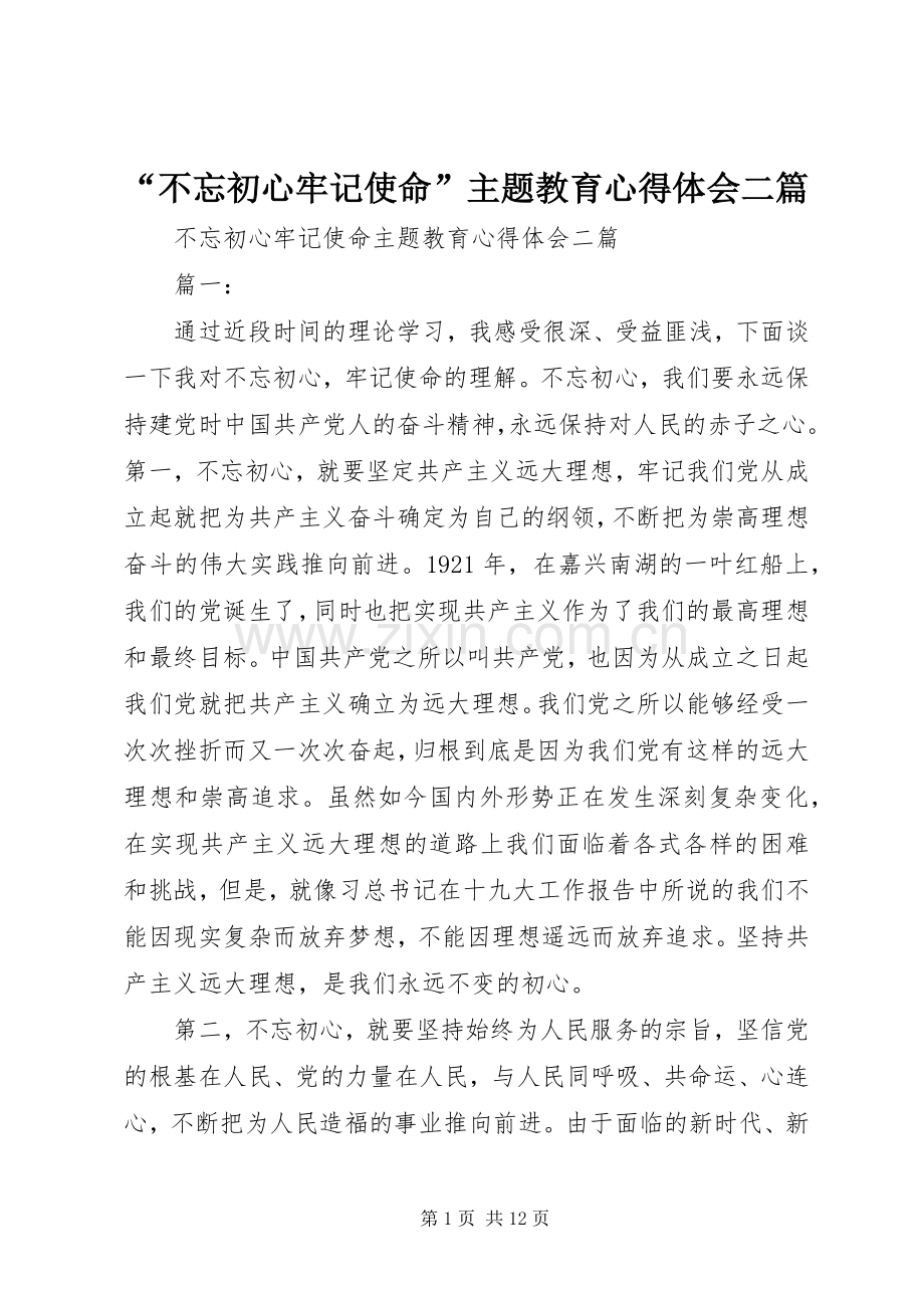 “不忘初心牢记使命”主题教育心得体会二篇.docx_第1页