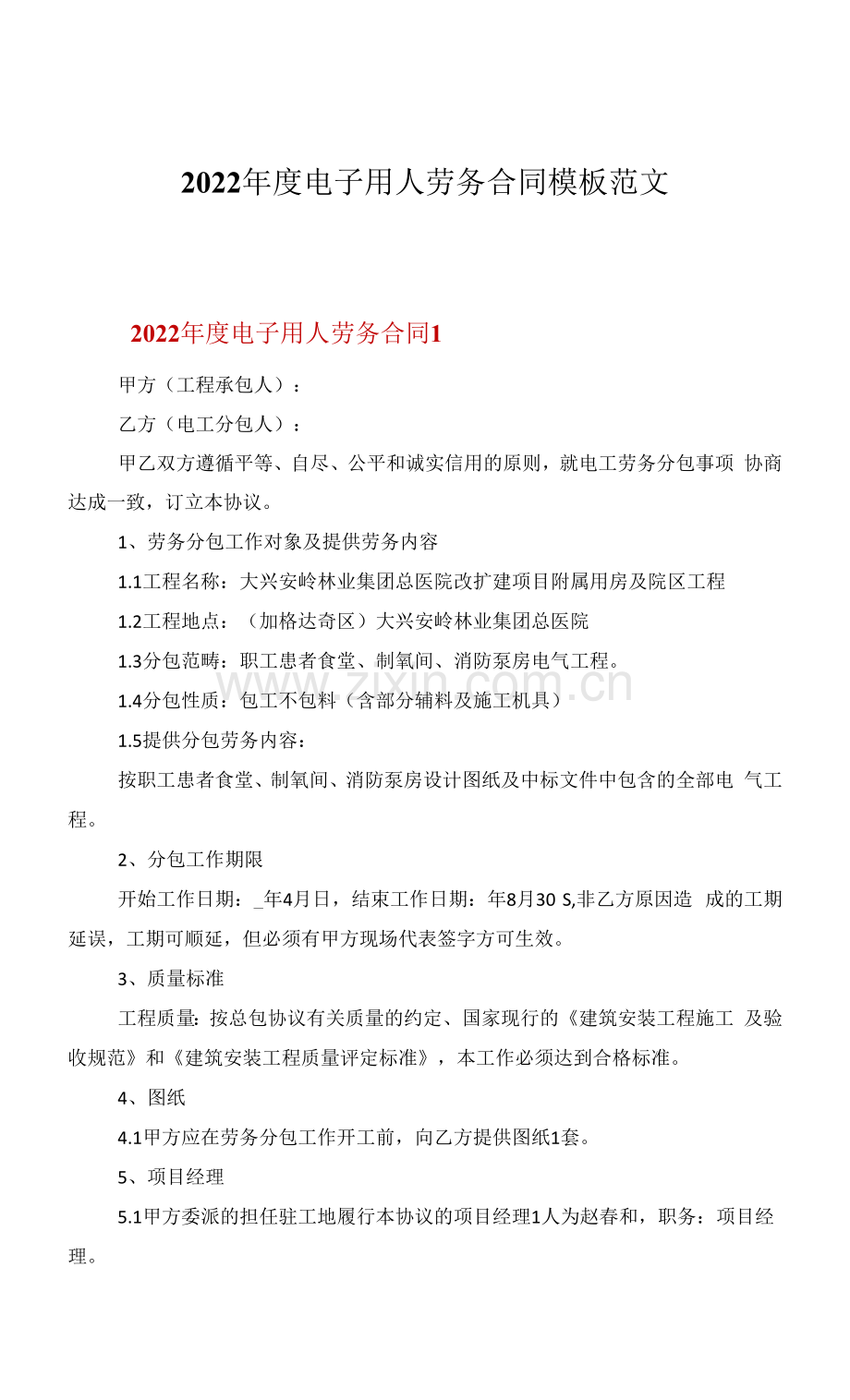 2022年度电子用人劳务合同模板范文.docx_第1页
