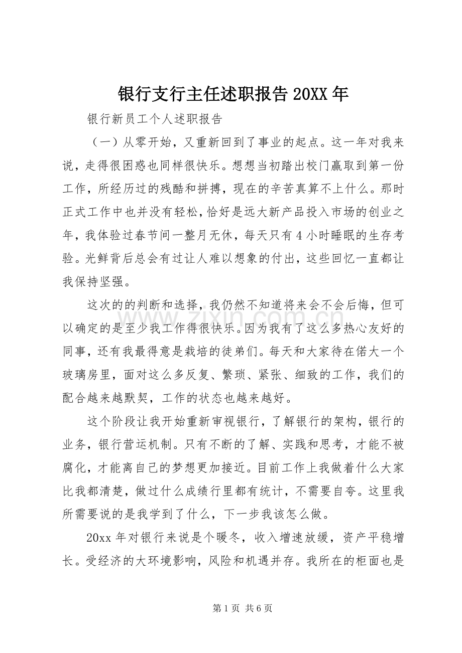 银行支行主任述职报告20XX年.docx_第1页