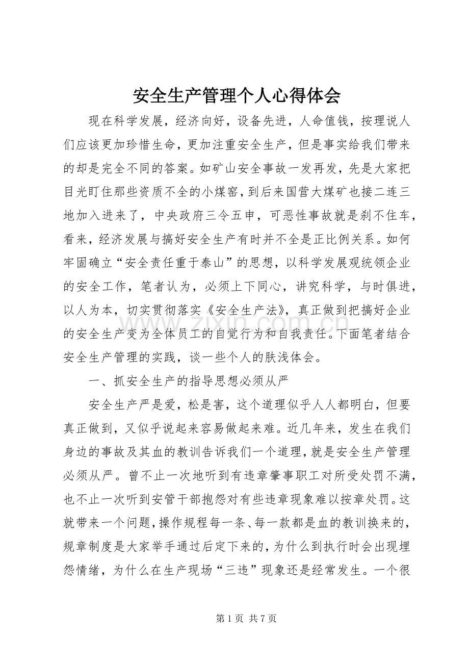 安全生产管理个人心得体会.docx_第1页