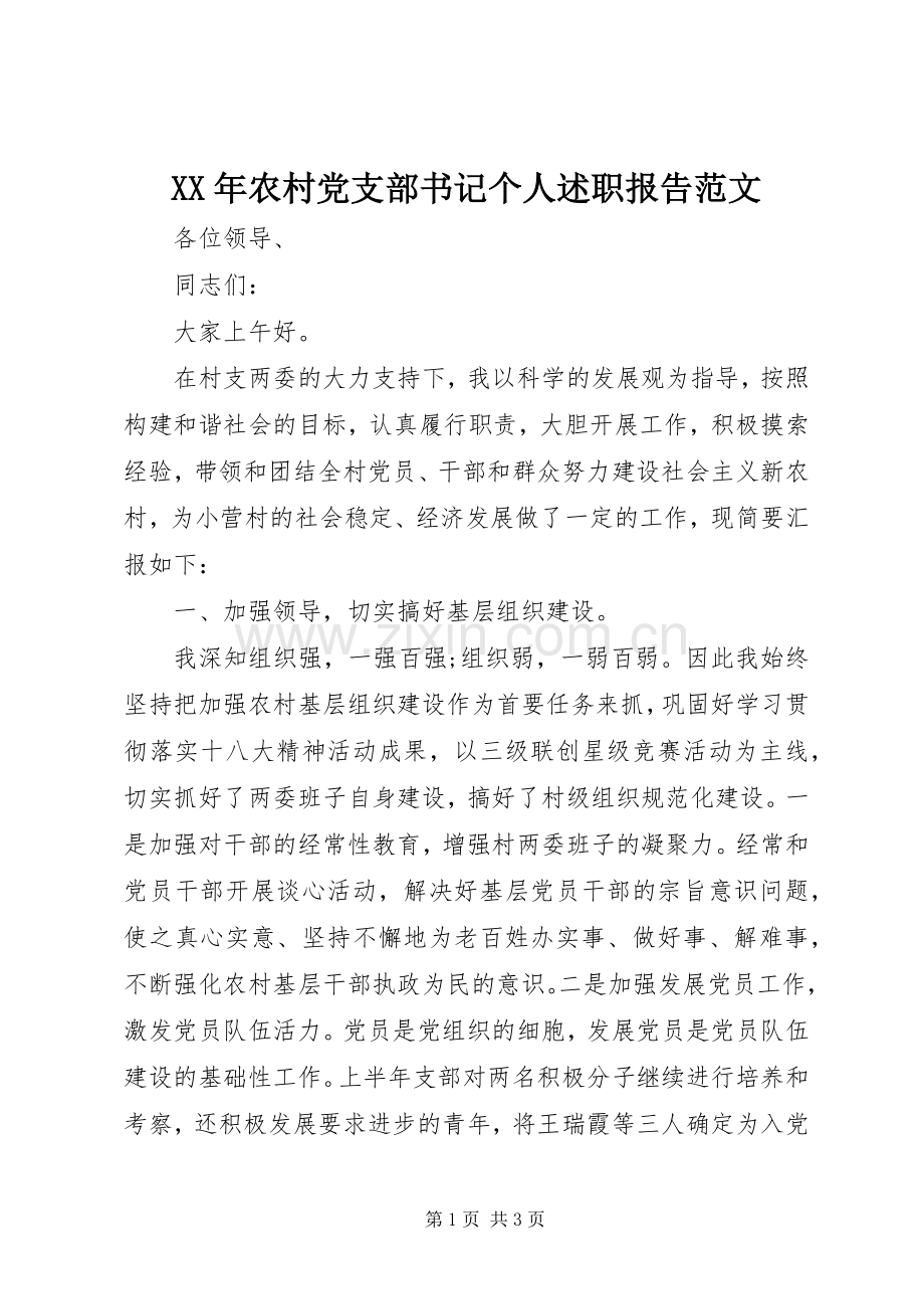 XX年农村党支部书记个人述职报告范文.docx_第1页