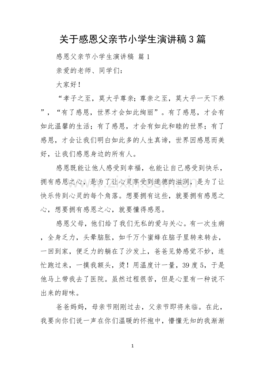 关于感恩父亲节小学生演讲稿3篇.docx_第1页