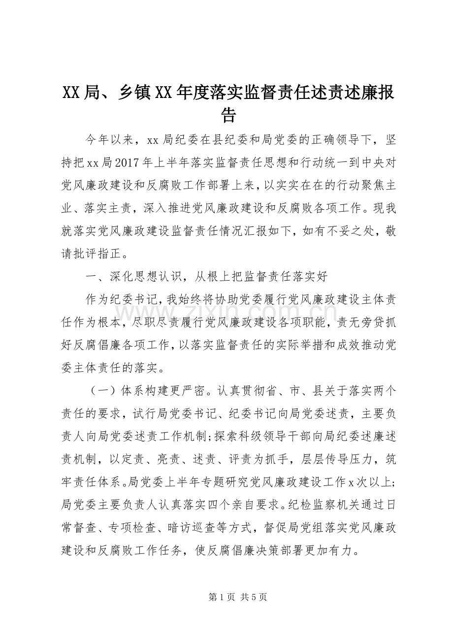 XX局、乡镇XX年度落实监督责任述责述廉报告.docx_第1页
