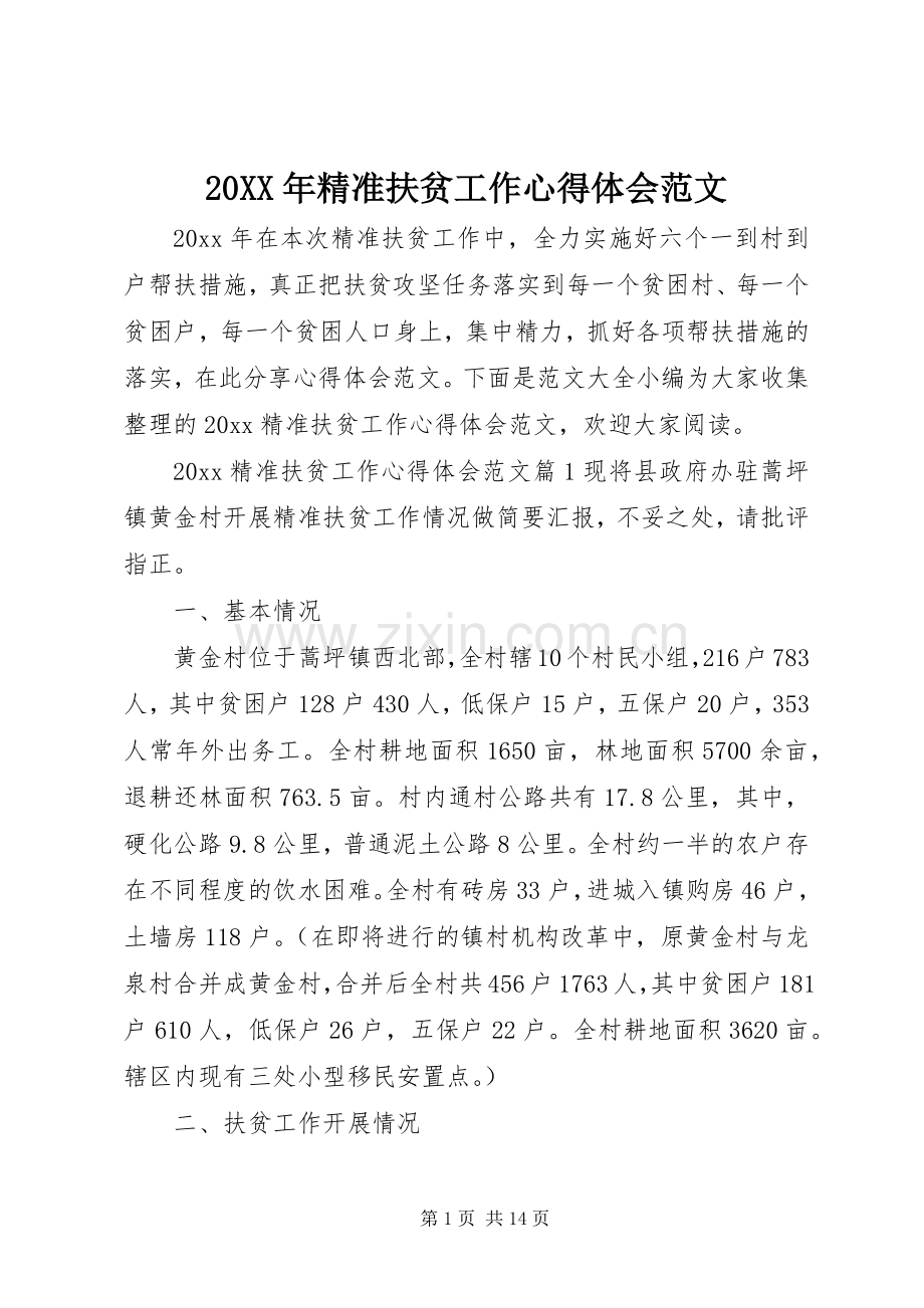 20XX年精准扶贫工作心得体会范文.docx_第1页