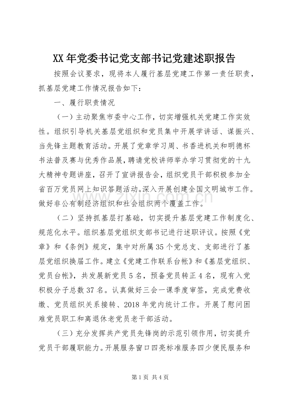 XX年党委书记党支部书记党建述职报告.docx_第1页