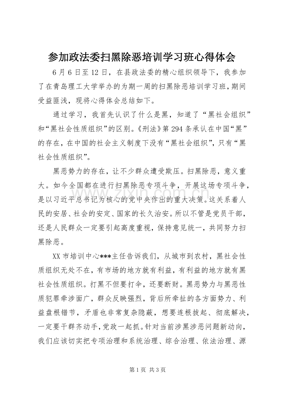 参加政法委扫黑除恶培训学习班心得体会.docx_第1页