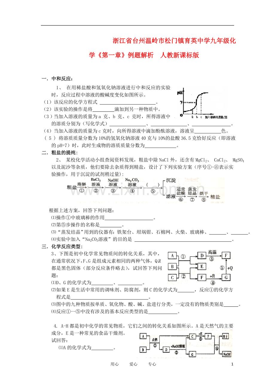 浙江省台州温岭市松门镇育英中学九年级化学《第一章》例题解析--人教新课标版.doc_第1页