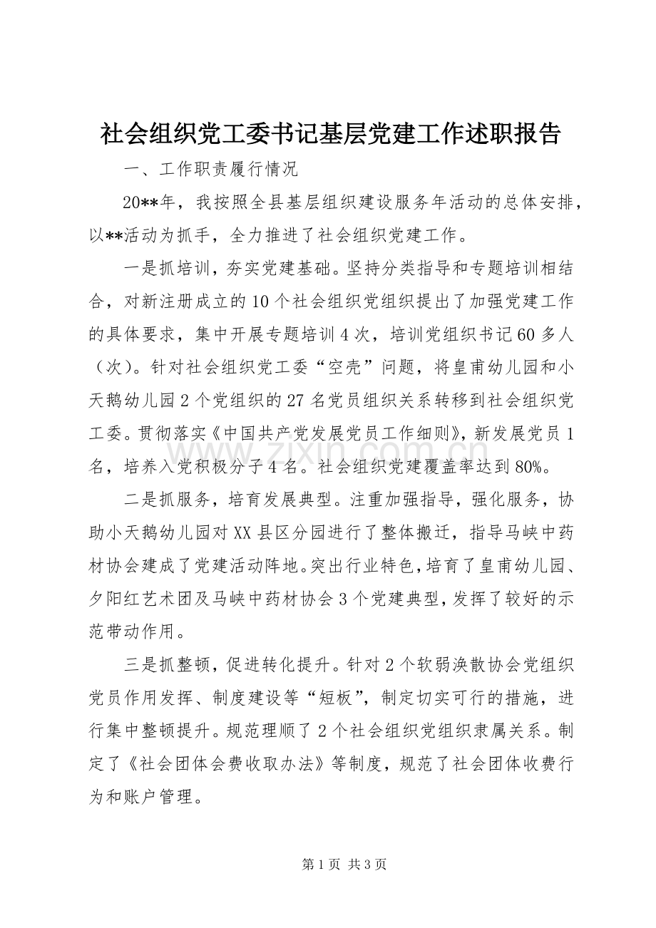社会组织党工委书记基层党建工作述职报告.docx_第1页