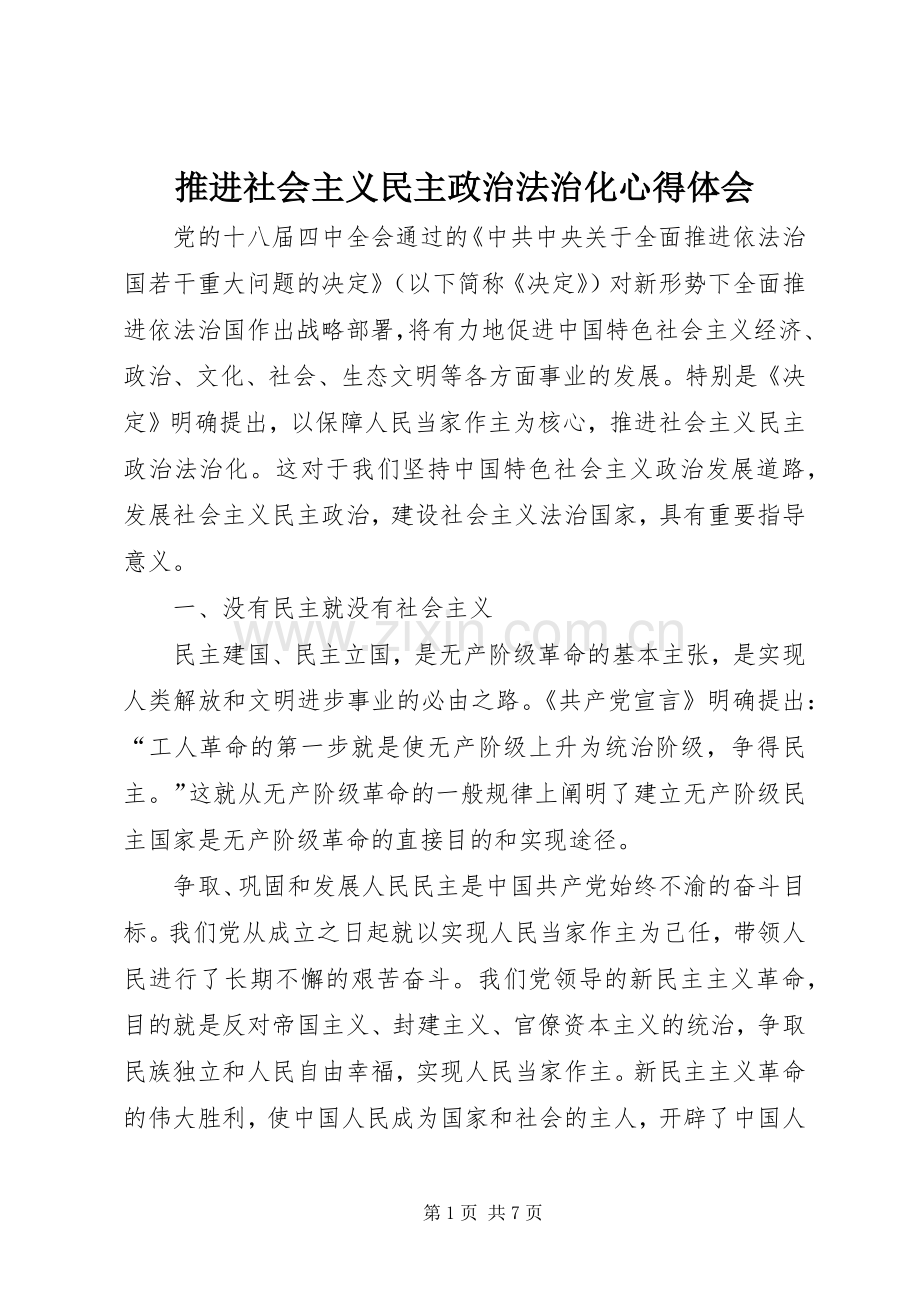 推进社会主义民主政治法治化心得体会.docx_第1页