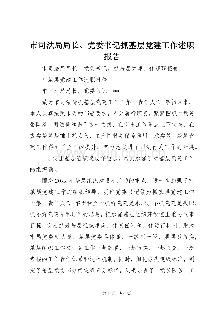 市司法局局长、党委书记抓基层党建工作述职报告.docx_第1页