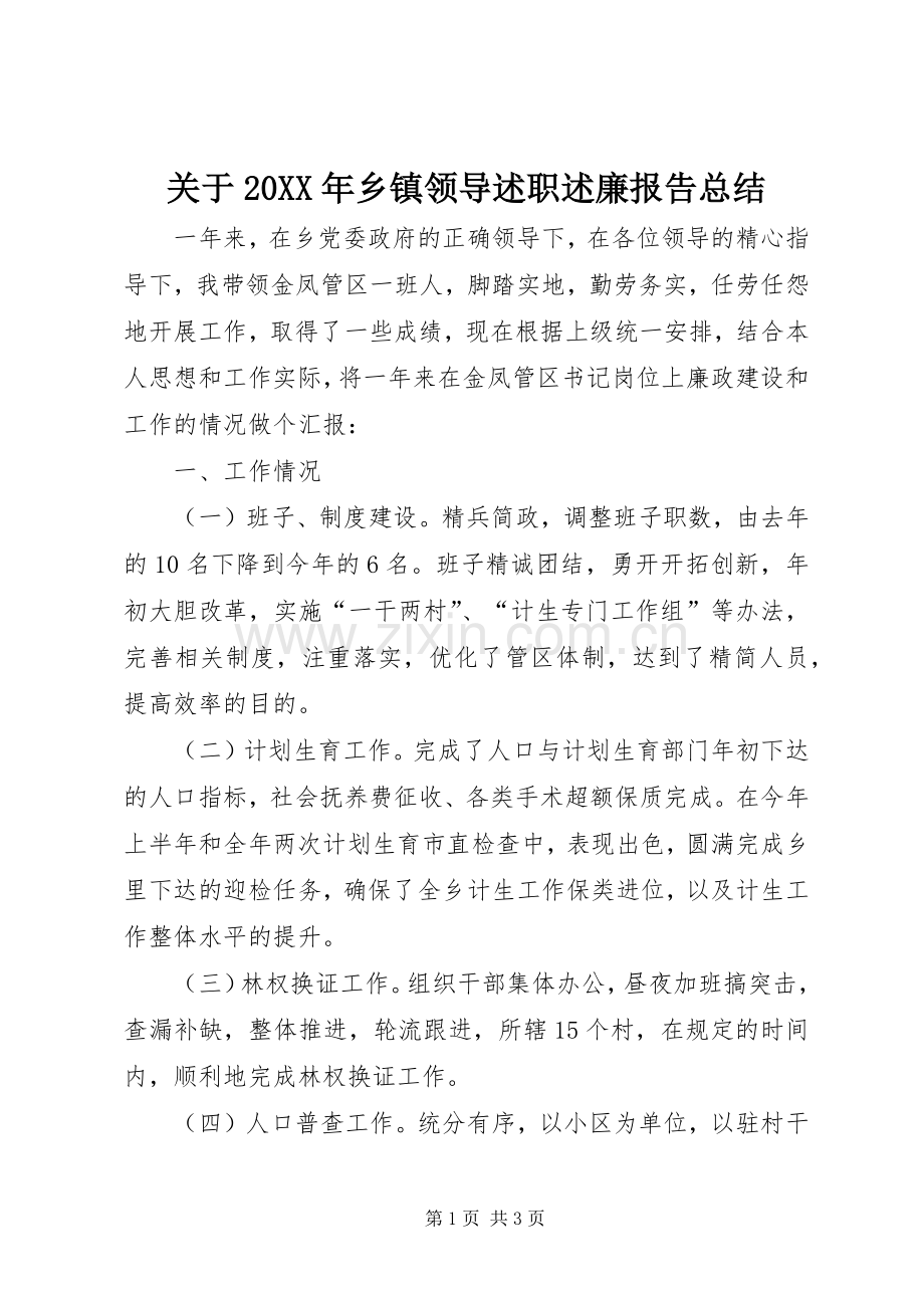 关于20XX年乡镇领导述职述廉报告总结.docx_第1页