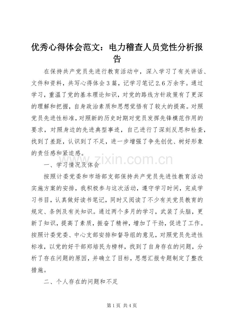 优秀心得体会范文：电力稽查人员党性分析报告.docx_第1页