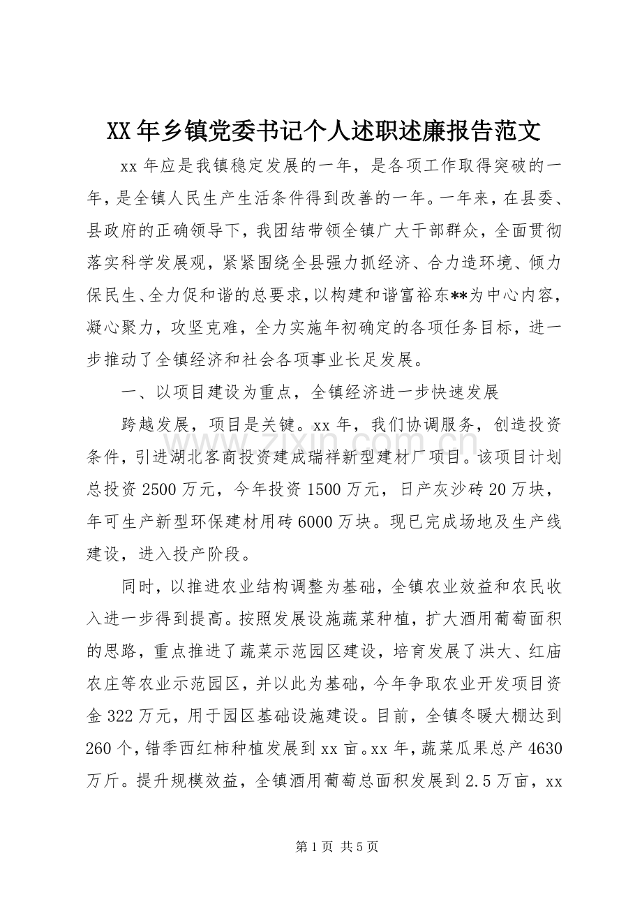 XX年乡镇党委书记个人述职述廉报告范文.docx_第1页
