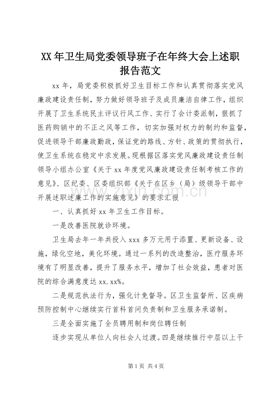 XX年卫生局党委领导班子在年终大会上述职报告范文.docx_第1页
