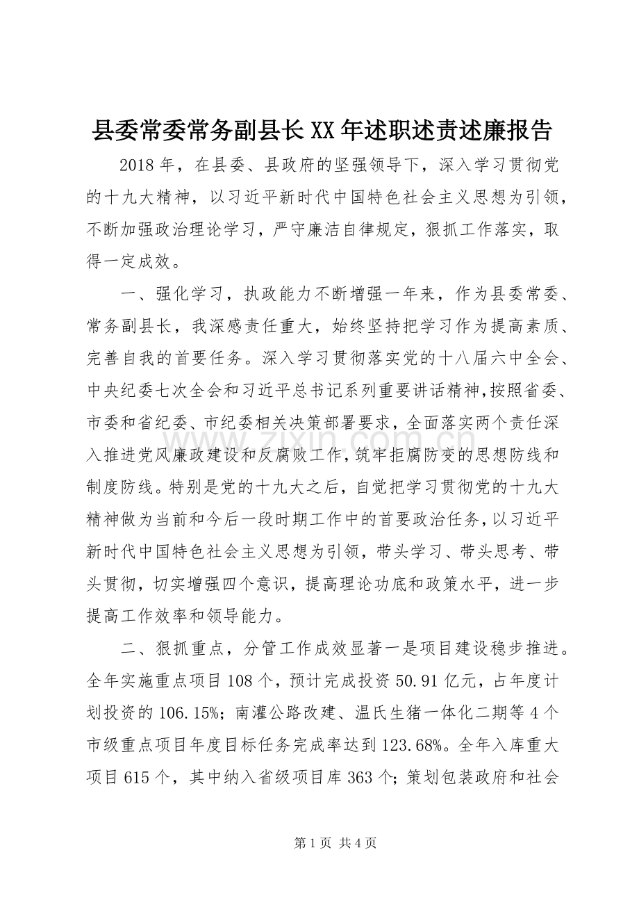 县委常委常务副县长XX年述职述责述廉报告.docx_第1页