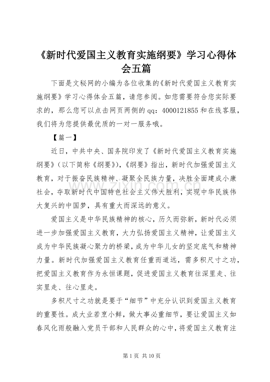 《新时代爱国主义教育实施纲要》学习心得体会五篇.docx_第1页