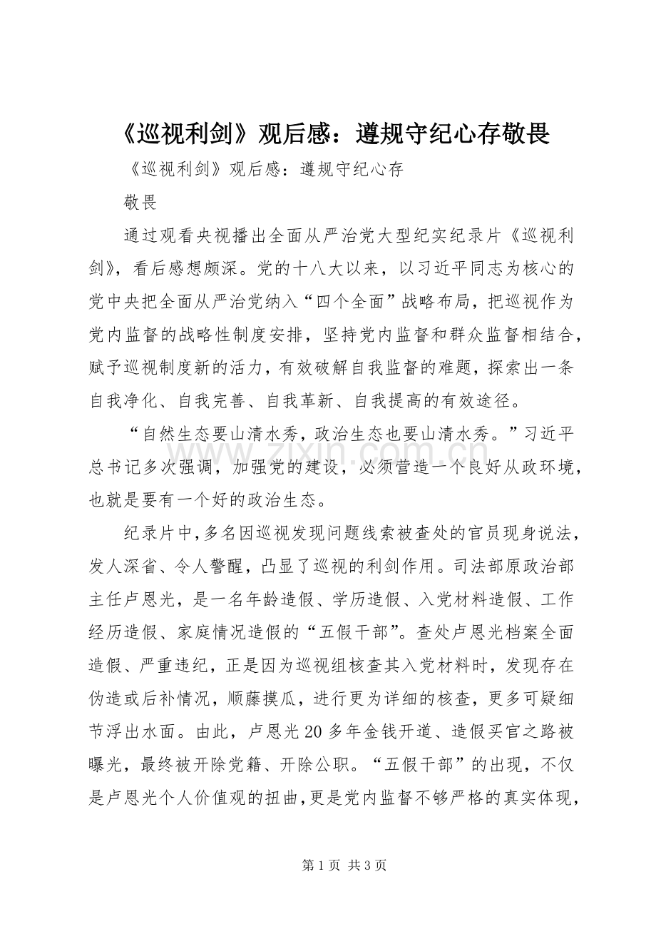 《巡视利剑》观后感：遵规守纪心存敬畏.docx_第1页