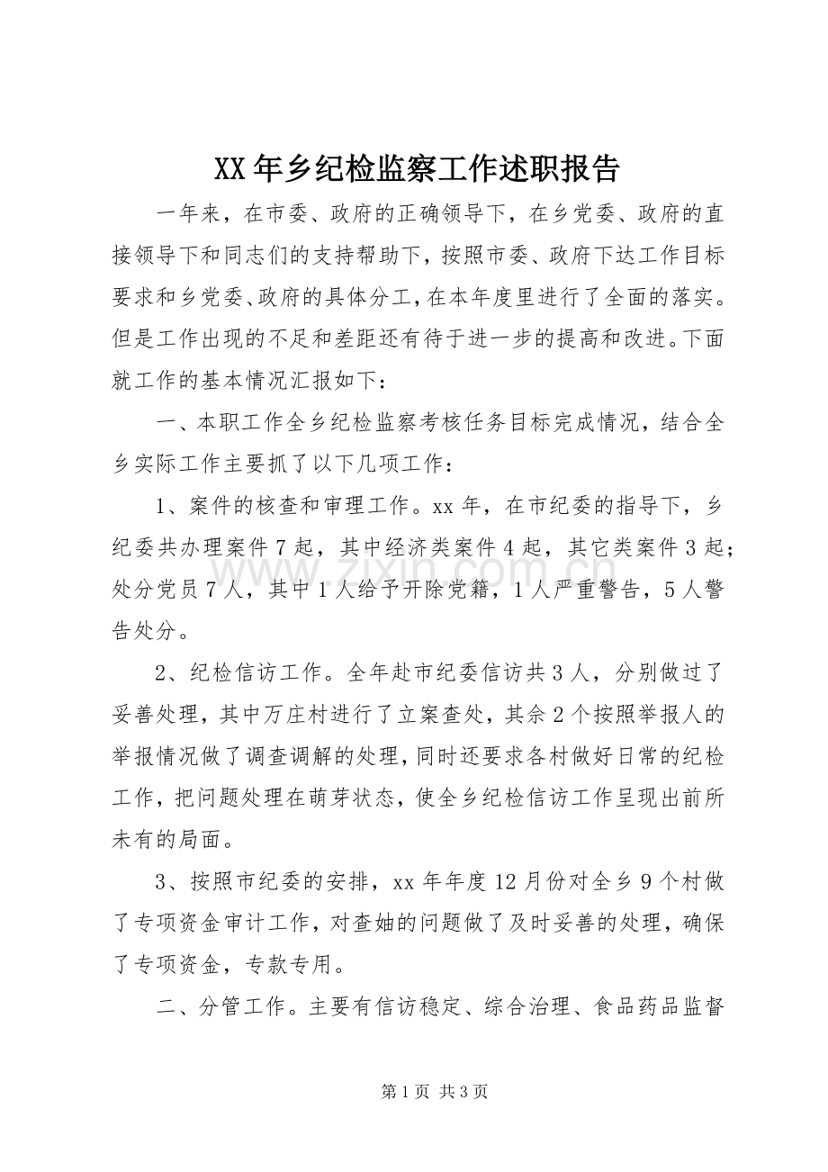 XX年乡纪检监察工作述职报告.docx_第1页