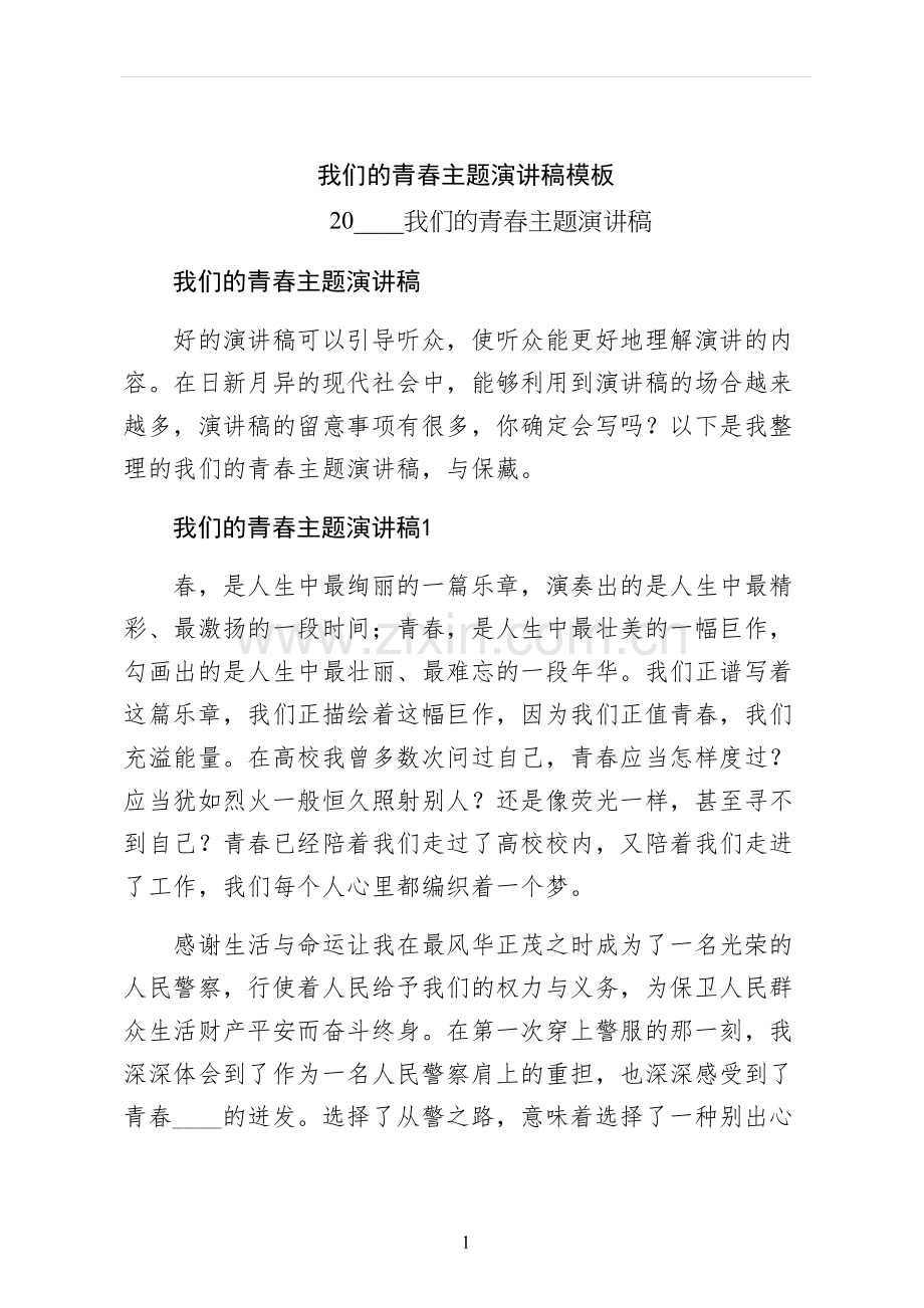 我们的青春主题演讲稿模板.docx_第1页