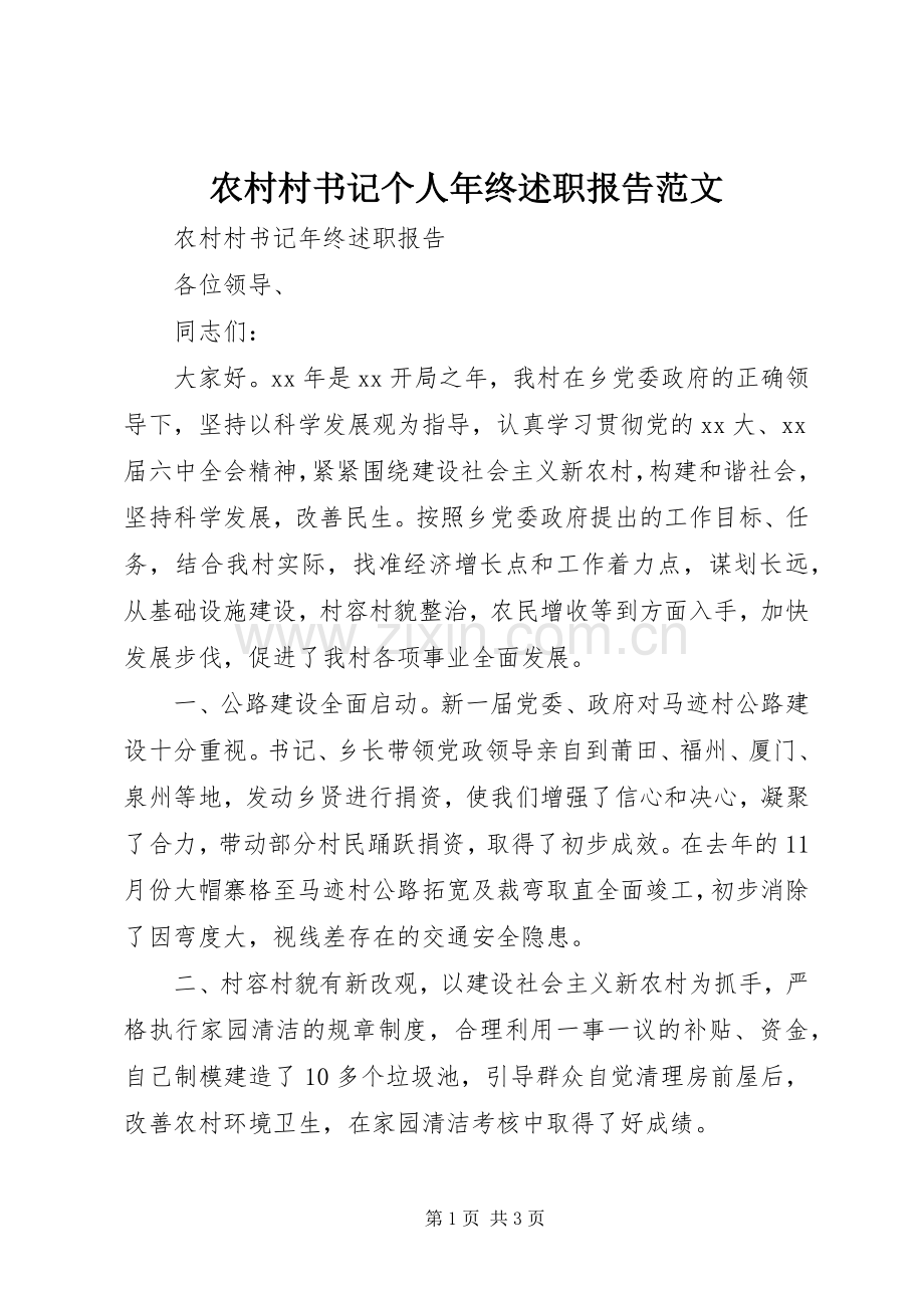 农村村书记个人年终述职报告范文.docx_第1页