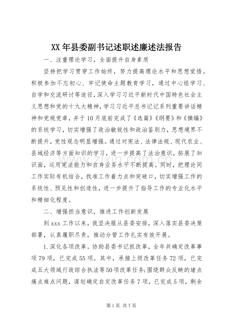 XX年县委副书记述职述廉述法报告.docx_第1页