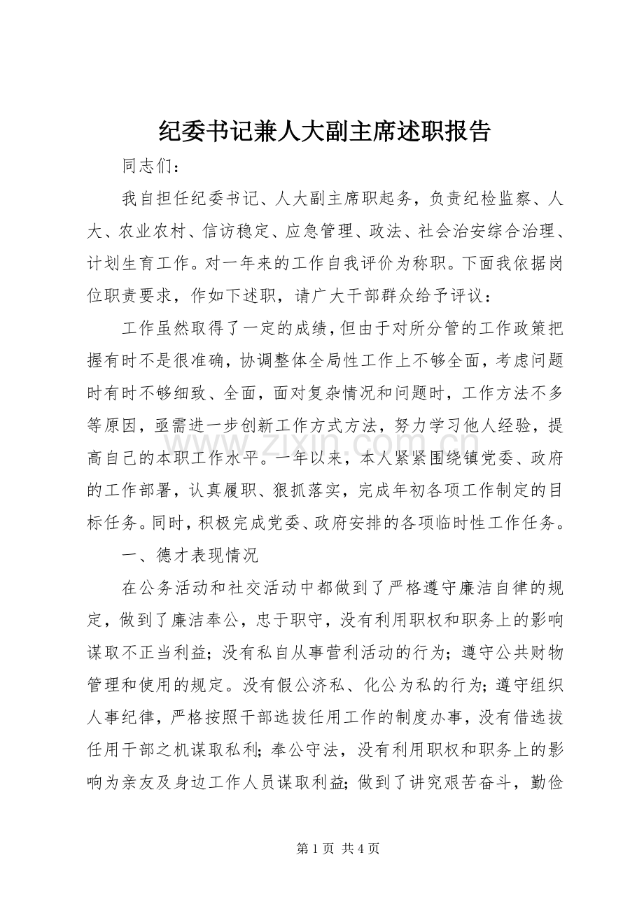 纪委书记兼人大副主席述职报告.docx_第1页