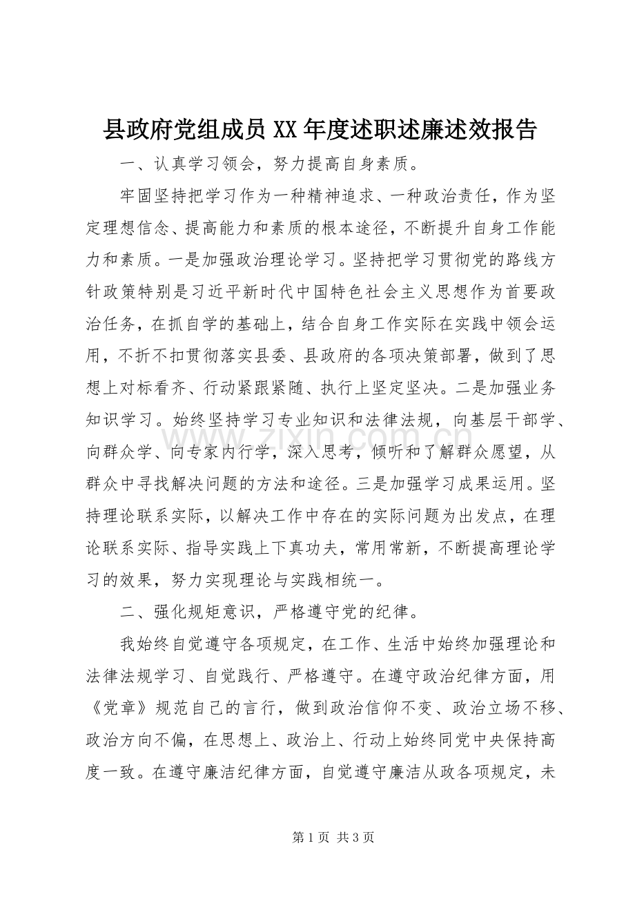 县政府党组成员XX年度述职述廉述效报告.docx_第1页