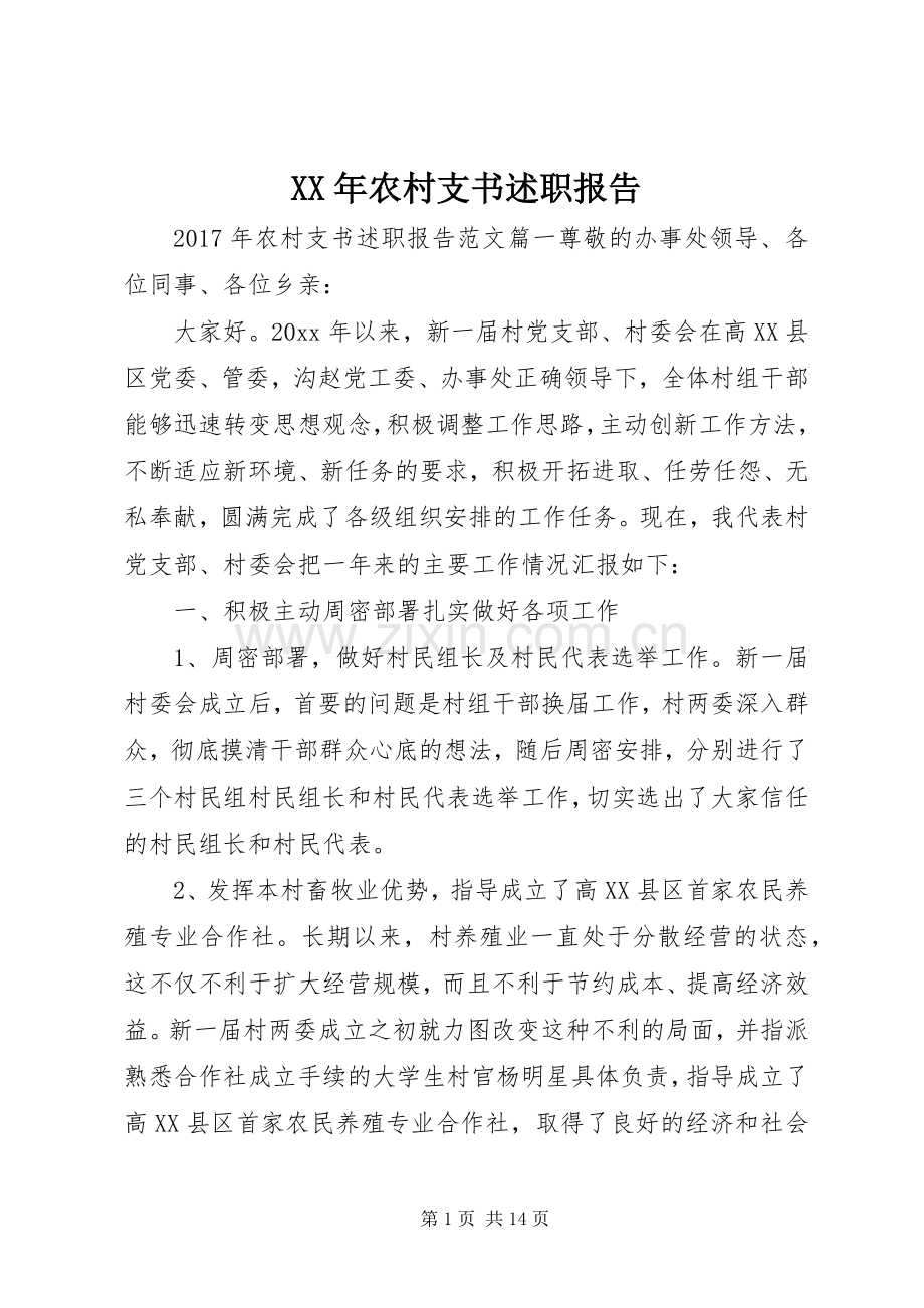 XX年农村支书述职报告.docx_第1页