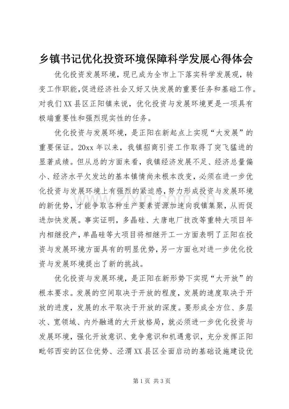 乡镇书记优化投资环境保障科学发展心得体会.docx_第1页