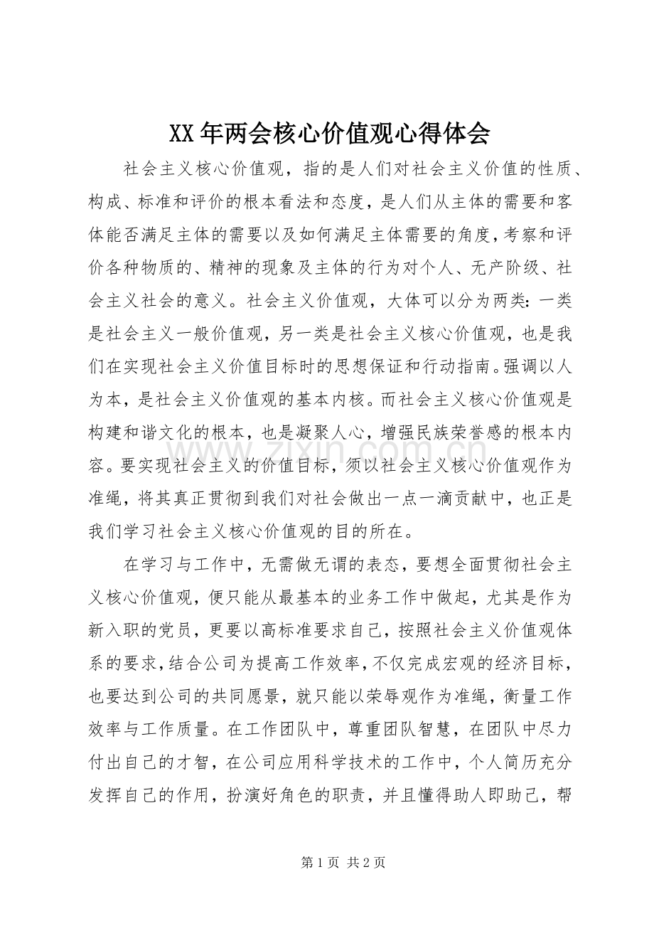 XX年两会核心价值观心得体会.docx_第1页