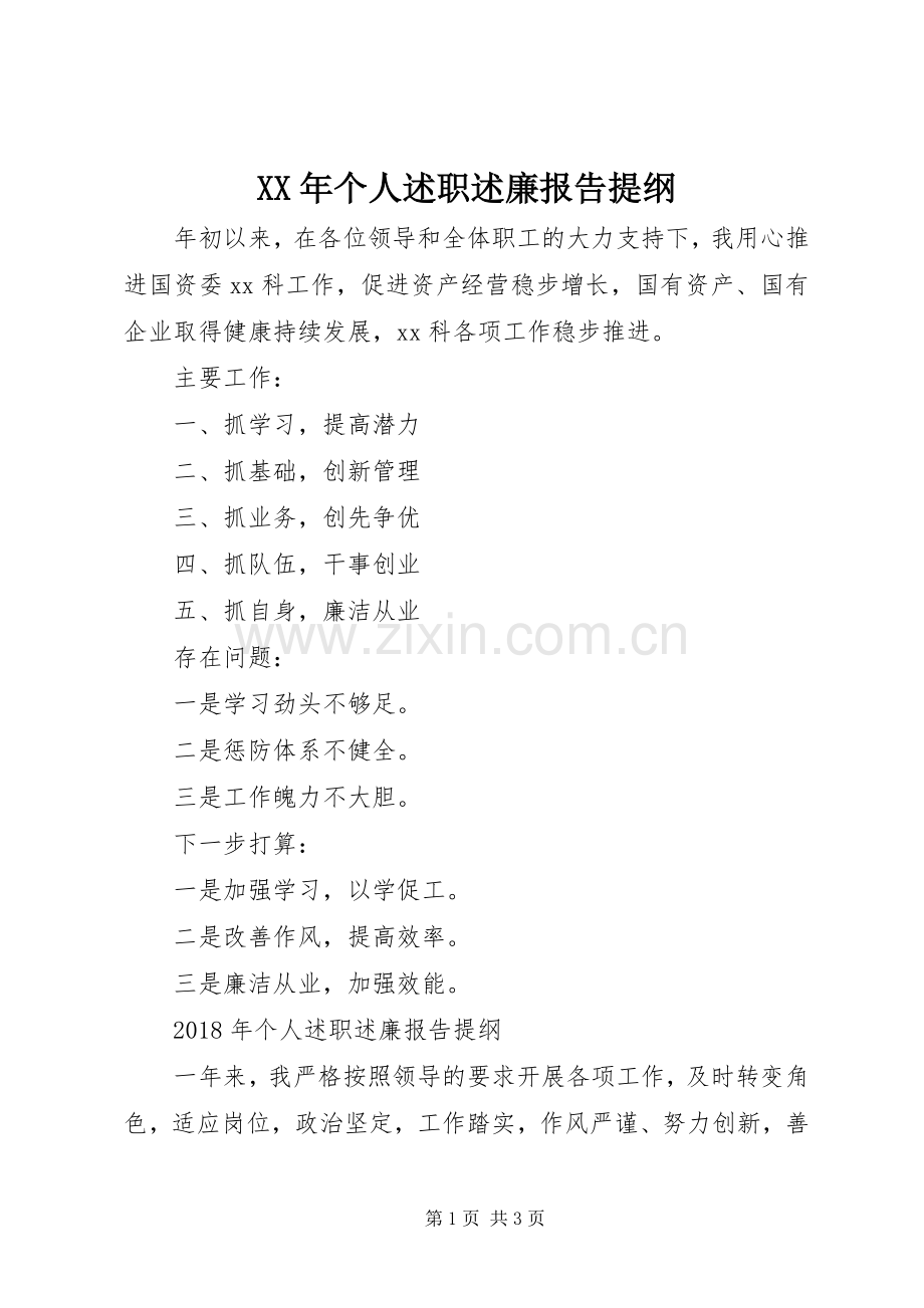 XX年个人述职述廉报告提纲.docx_第1页