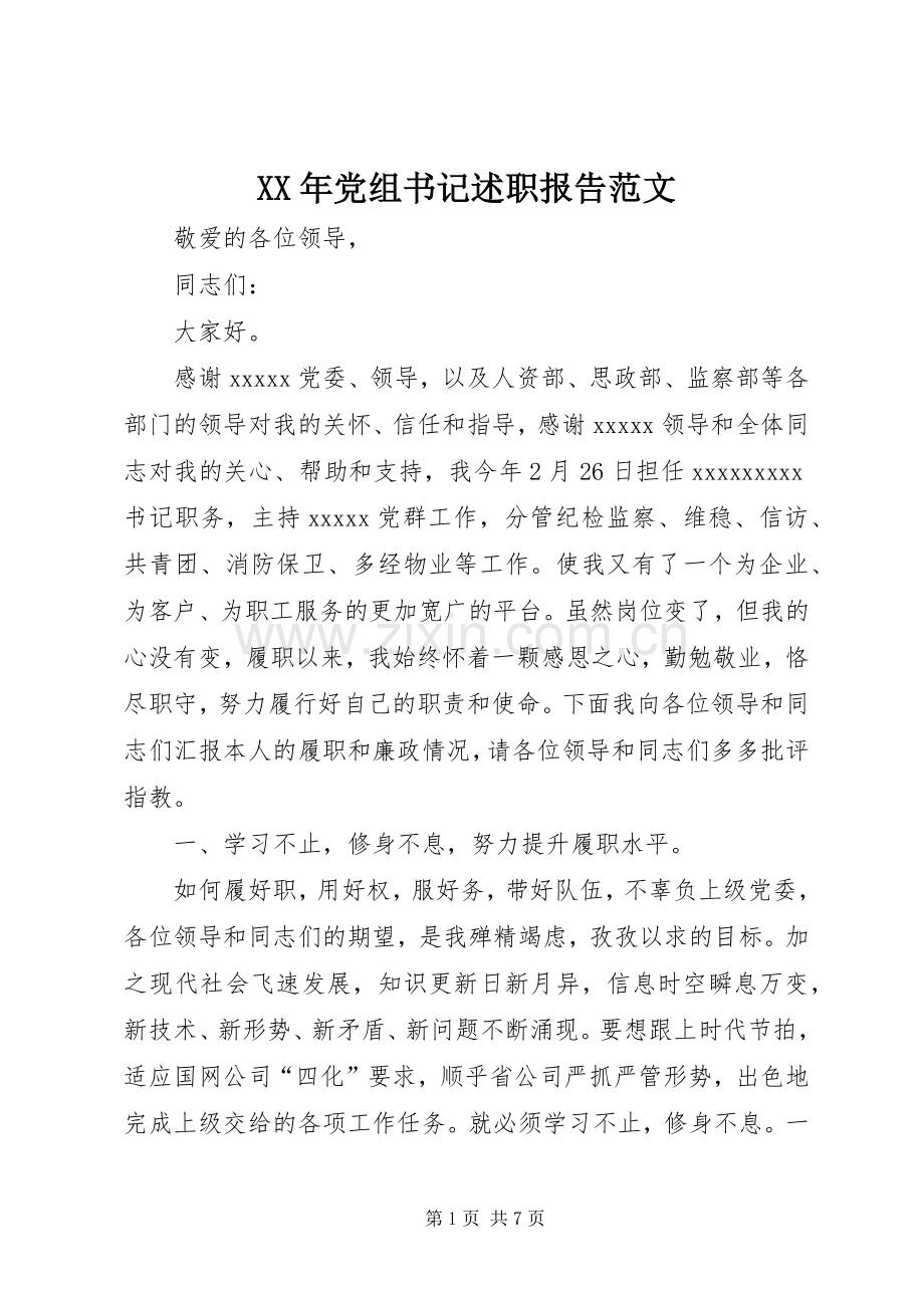 XX年党组书记述职报告范文.docx_第1页