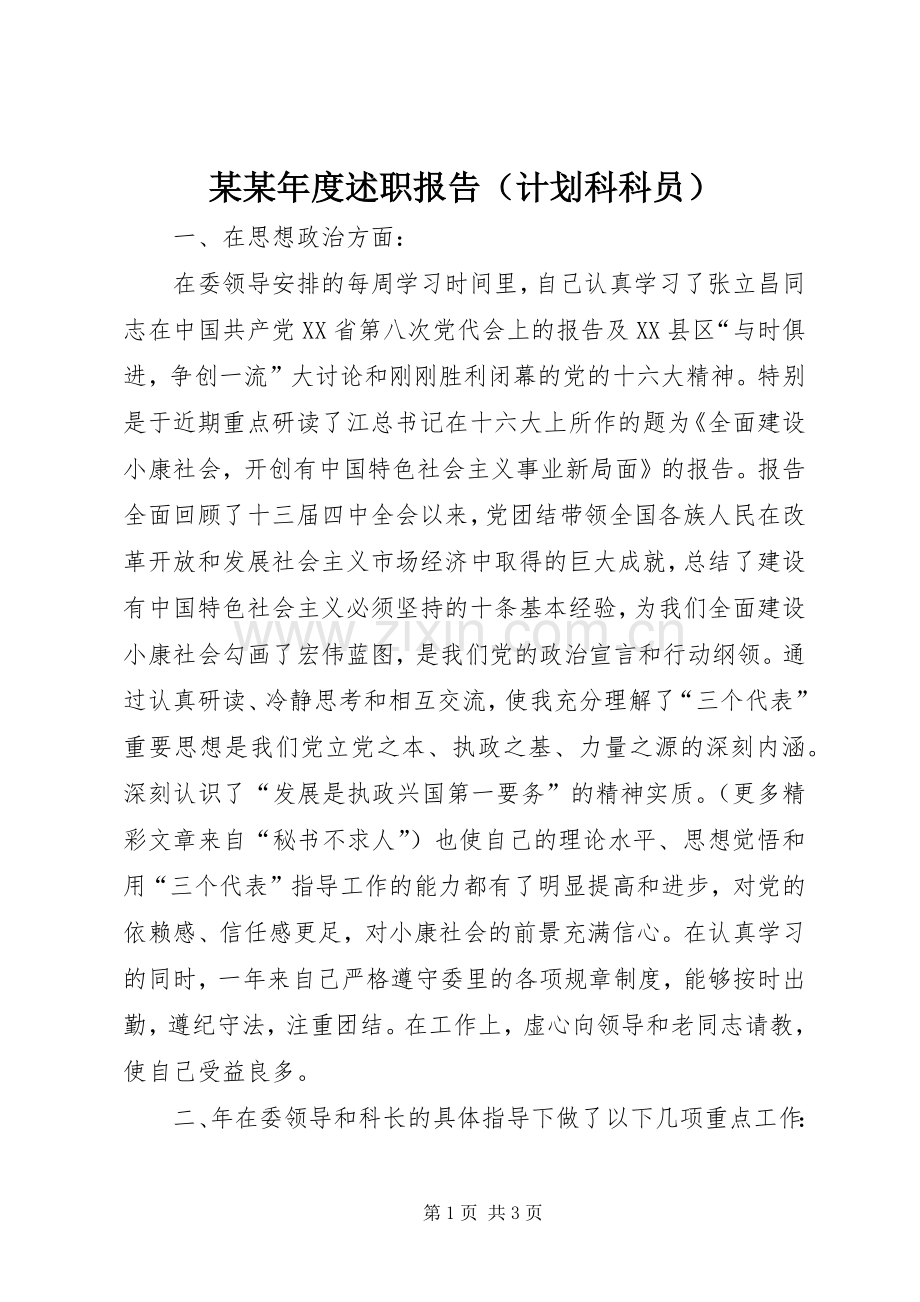 某某年度述职报告（计划科科员）.docx_第1页