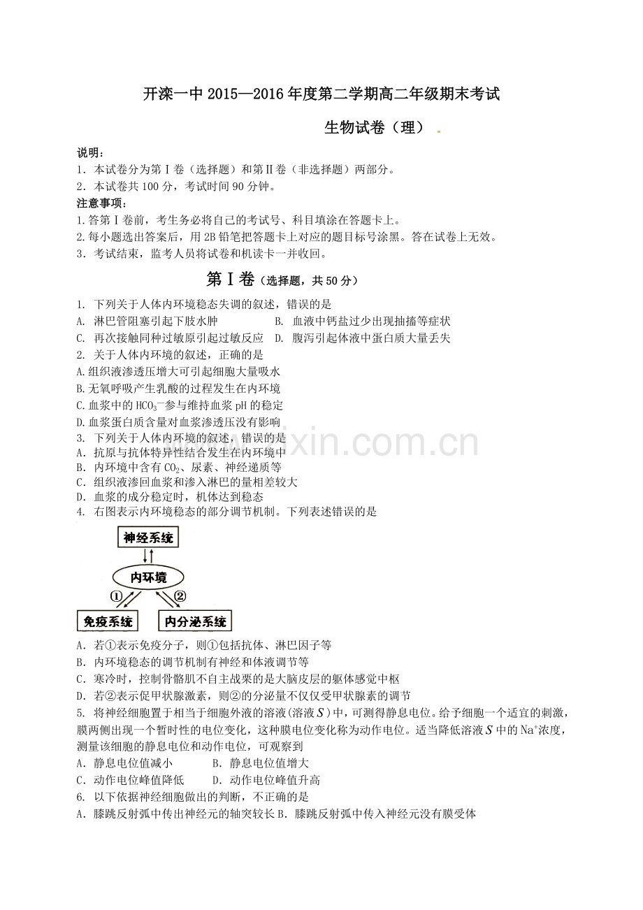 开滦一中2015-2016年度第二学期高二生物期末试卷及答案.doc_第1页